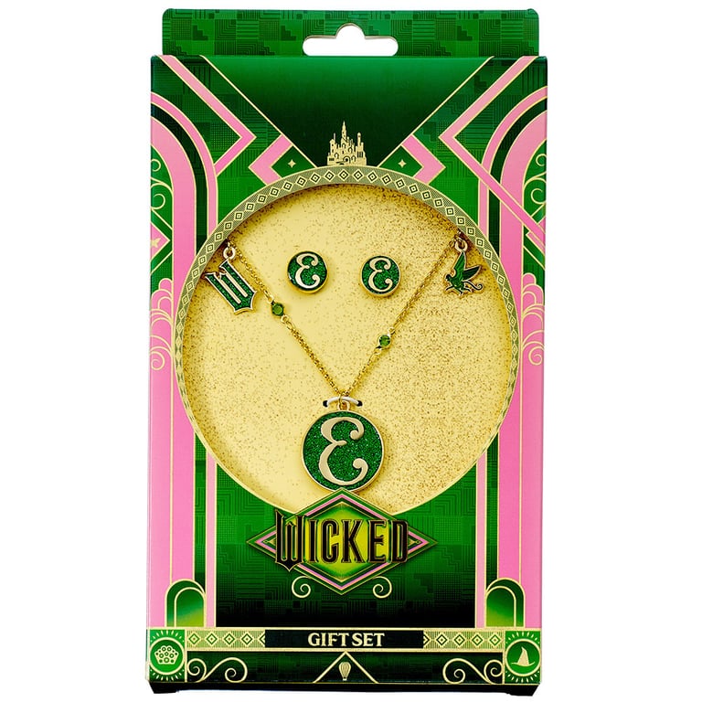 Emerald Green Elphaba Initial Gold Plated Necklace & Earrings Set - 24 Chain
