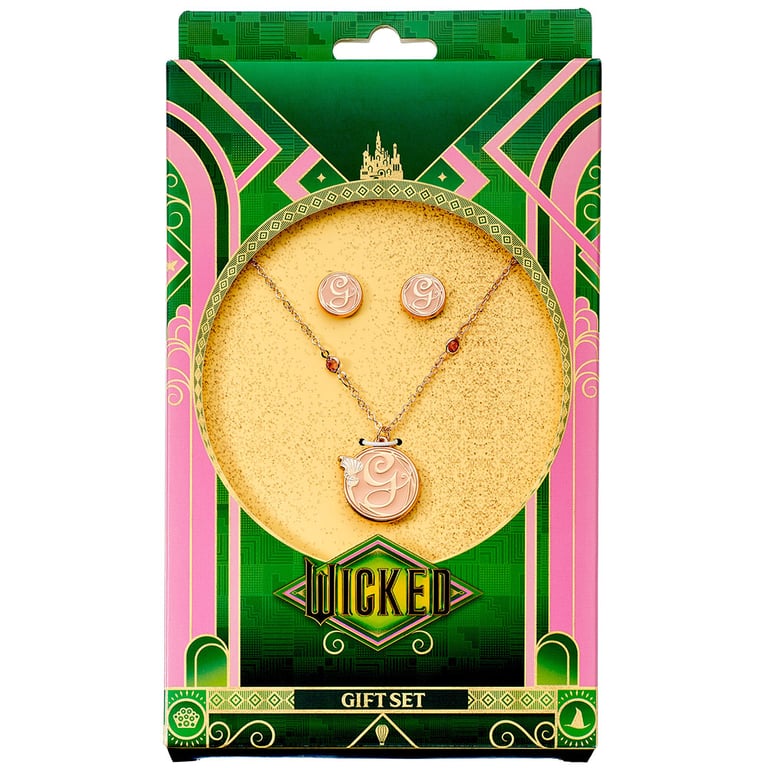 Wicked Rose Gold Plated Glinda Necklace & Earrings Set with Peach Background Initial Link Chain