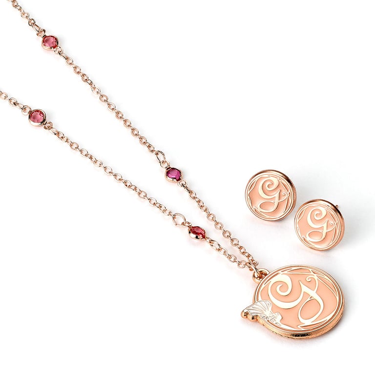Wicked Rose Gold Plated Glinda Necklace & Earrings Set with Peach Background Initial Link Chain