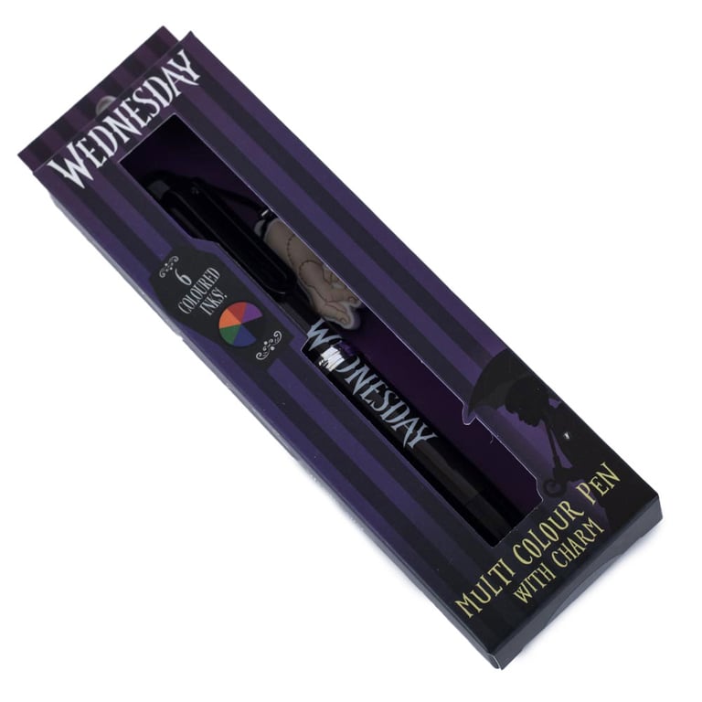Wednesday 6 Colour Multi Coloured Pen with Wednesday Themed Charm and Fun Design