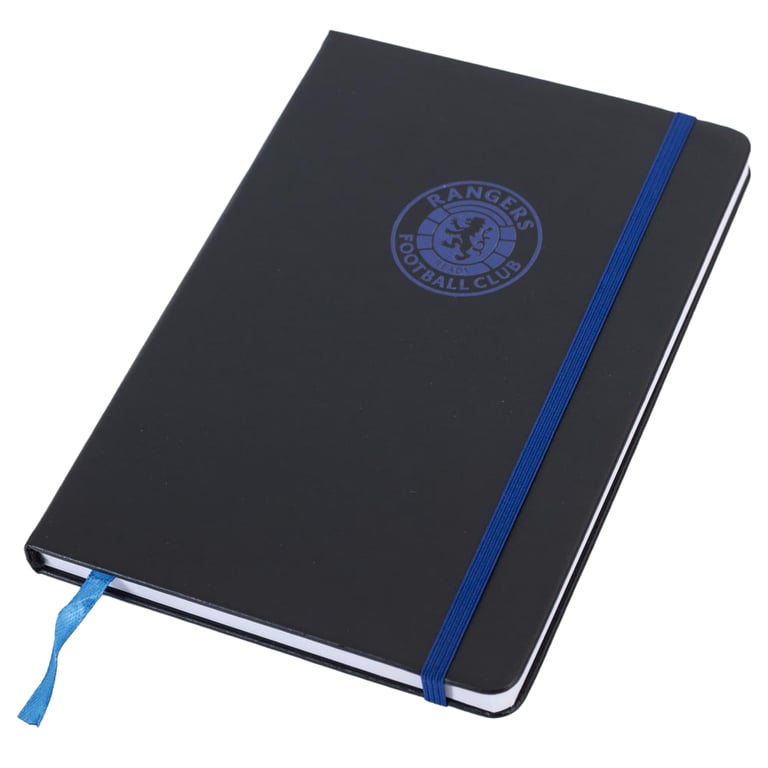 Rangers FC Classic Black Faux Leather Notebook with Royal Blue Ruled Pages and Bookmark