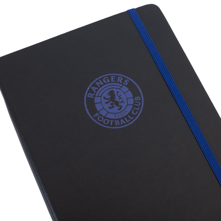 Rangers FC Classic Black Faux Leather Notebook with Royal Blue Ruled Pages and Bookmark