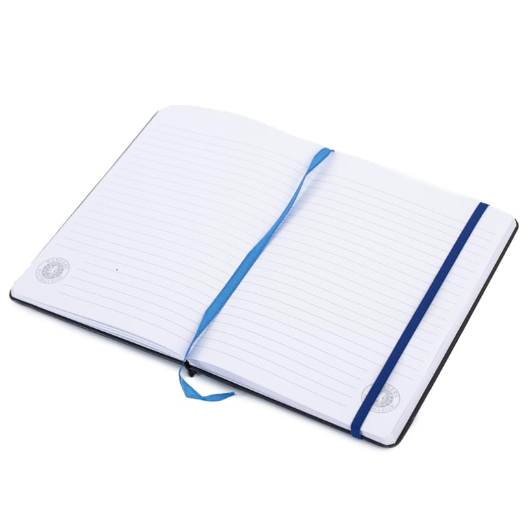 Rangers FC Classic Black Faux Leather Notebook with Royal Blue Ruled Pages and Bookmark