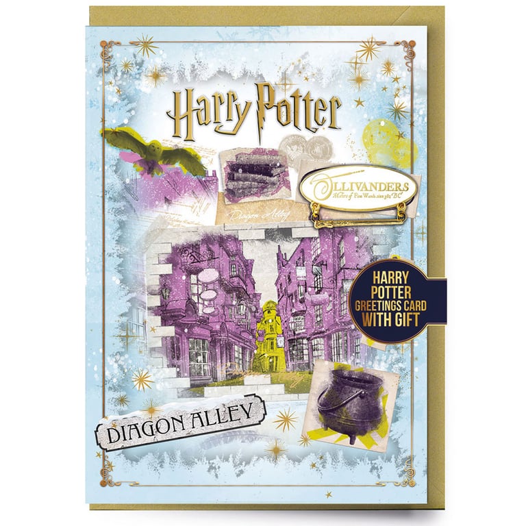 Harry Potter Diagon Alley Christmas Card with Ollivanders Badge and Hedwig Flyby Design