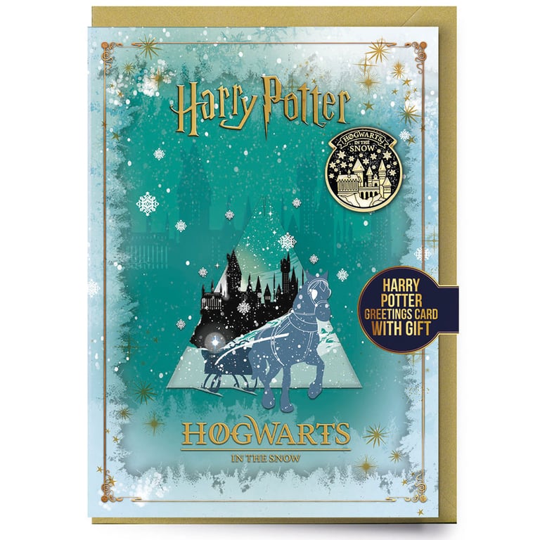 Harry Potter Hogwarts Winter Greetings Card with Removable Badge and Gold Envelope