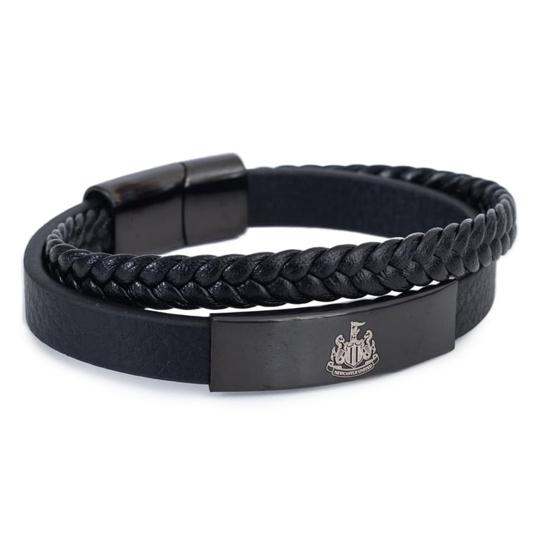 Newcastle United FC Black IP Leather Magnetic Clasp Engraved Crest Bracelet
