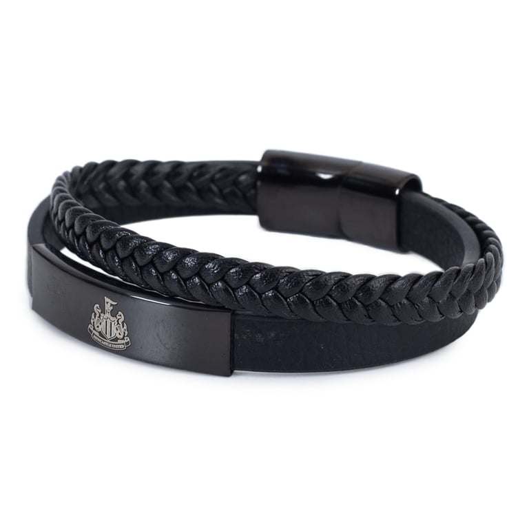Newcastle United FC Black IP Leather Magnetic Clasp Engraved Crest Bracelet