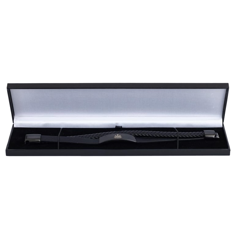 Newcastle United FC Black IP Leather Magnetic Clasp Engraved Crest Bracelet