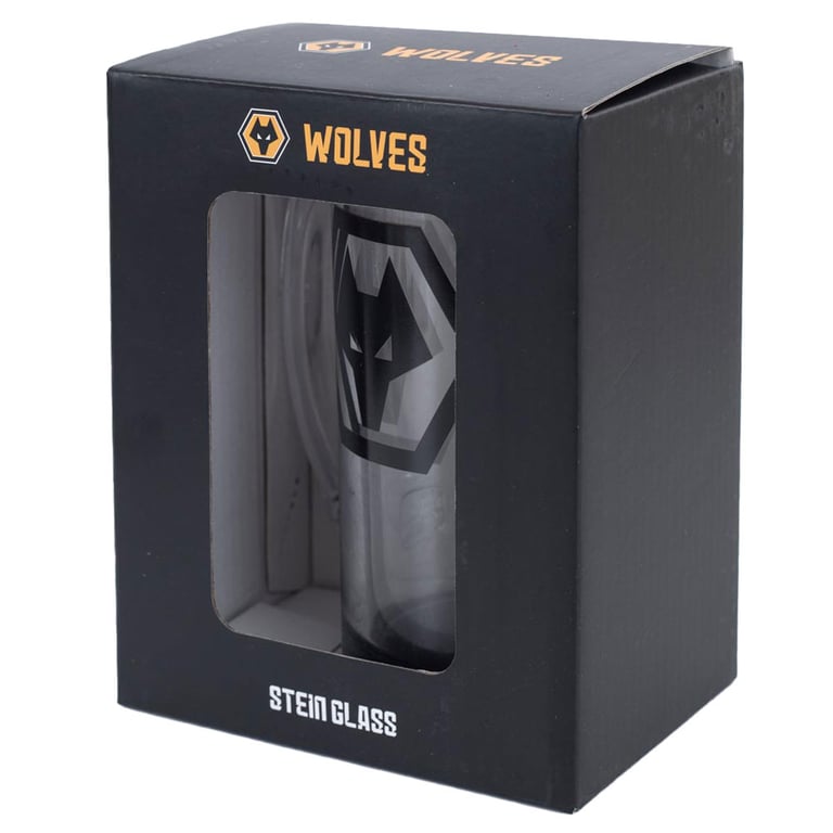 Wolverhampton Wanderers FC Stein Glass Tankard - Black Base Wolves Crest Glass Beer Mug