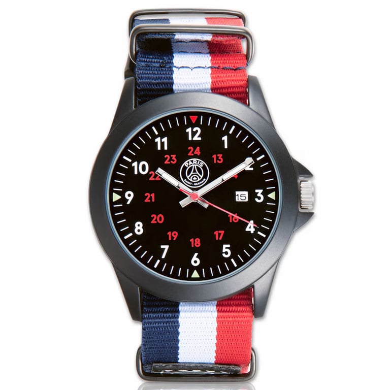 Paris Saint Germain FC Mens Sports Watch - Black Face with PSG Crest and Glow in Dark Hands