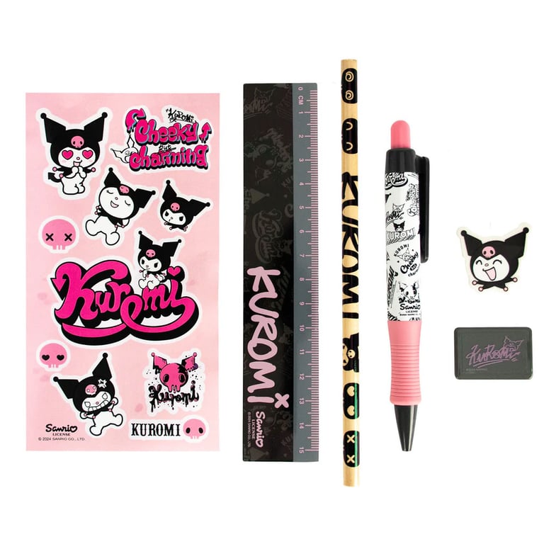 Kuromi 6pc Vibrant Stationery Set - Ballpoint Pen, Pencil & Ruler Included