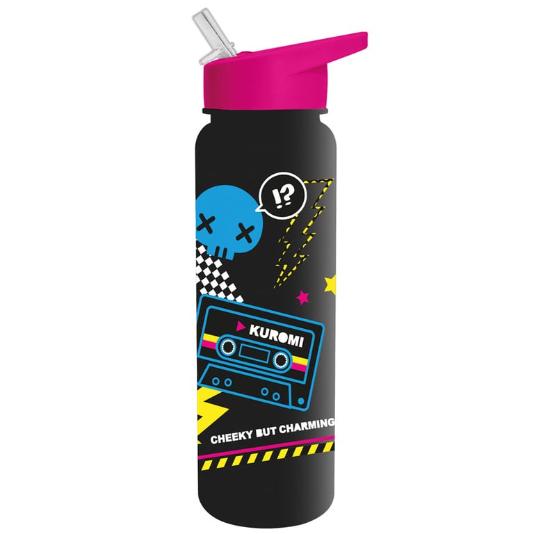 Kuromi Plastic Drinks Bottle - Black Design with Colourful Motif, Screw Top Lid and Clear Spout