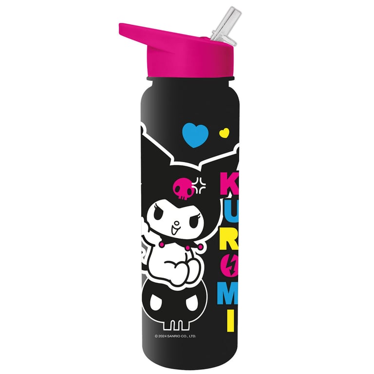 Kuromi Plastic Drinks Bottle - Black Design with Colourful Motif, Screw Top Lid and Clear Spout
