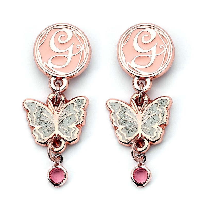 Rose Gold Glinda Butterfly Drop Earrings - Detailed Stud Earrings with Vintage Charm