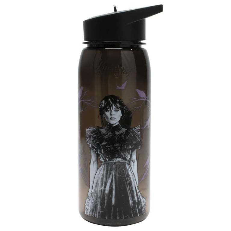 Wednesday Flip Top Drinks Bottle - Black Nevermore Academy Water Bottle with Clear Spout and Screw Lid