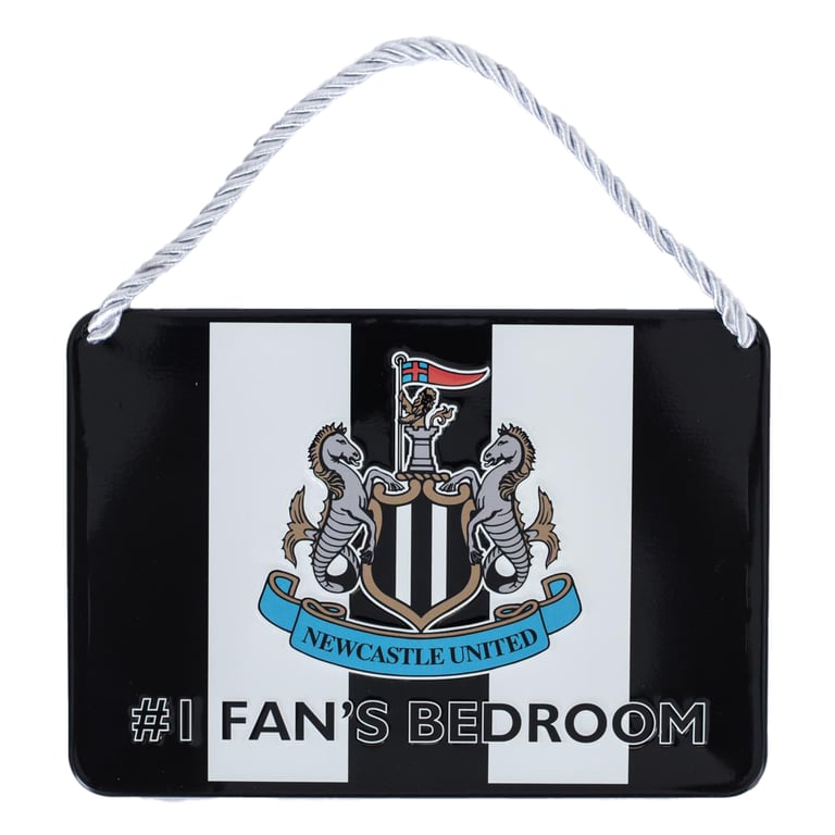 Newcastle United FC No1 Fan Stripe Bedroom Sign - Vibrant Metal Club Crest Decoration with Hanging Rope