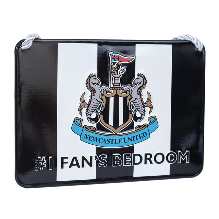 Newcastle United FC No1 Fan Stripe Bedroom Sign - Vibrant Metal Club Crest Decoration with Hanging Rope