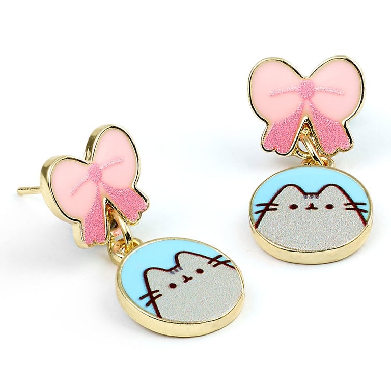 Pusheen Gold Plated Stud Earrings with Detailed Pink Bow Design