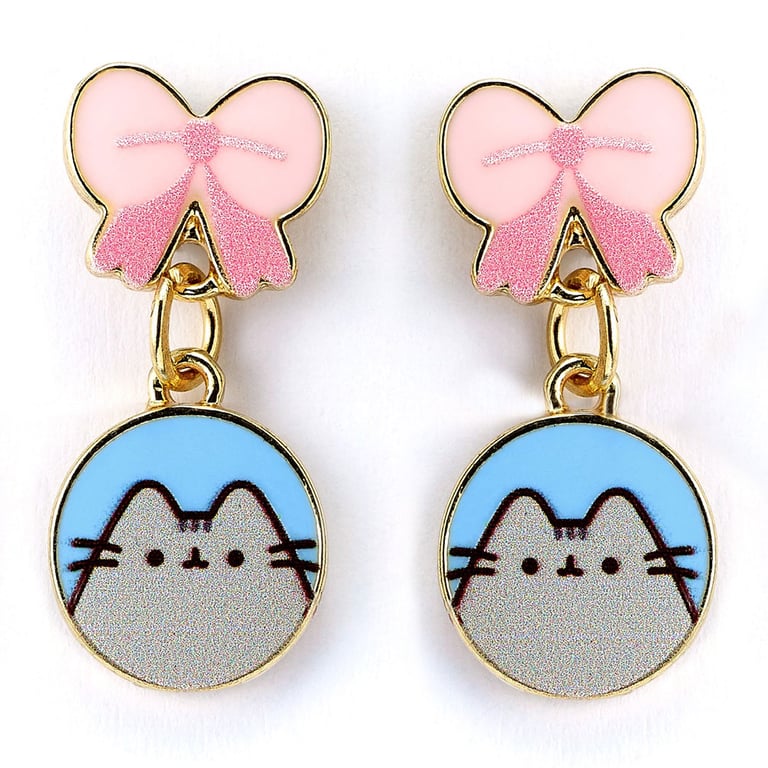 Pusheen Gold Plated Stud Earrings with Detailed Pink Bow Design
