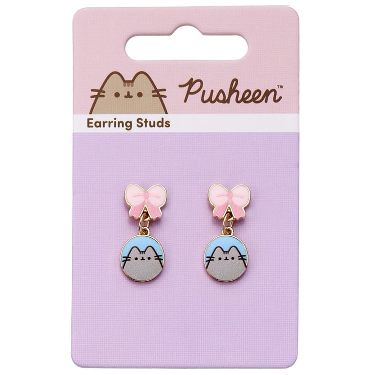 Pusheen Gold Plated Stud Earrings with Detailed Pink Bow Design