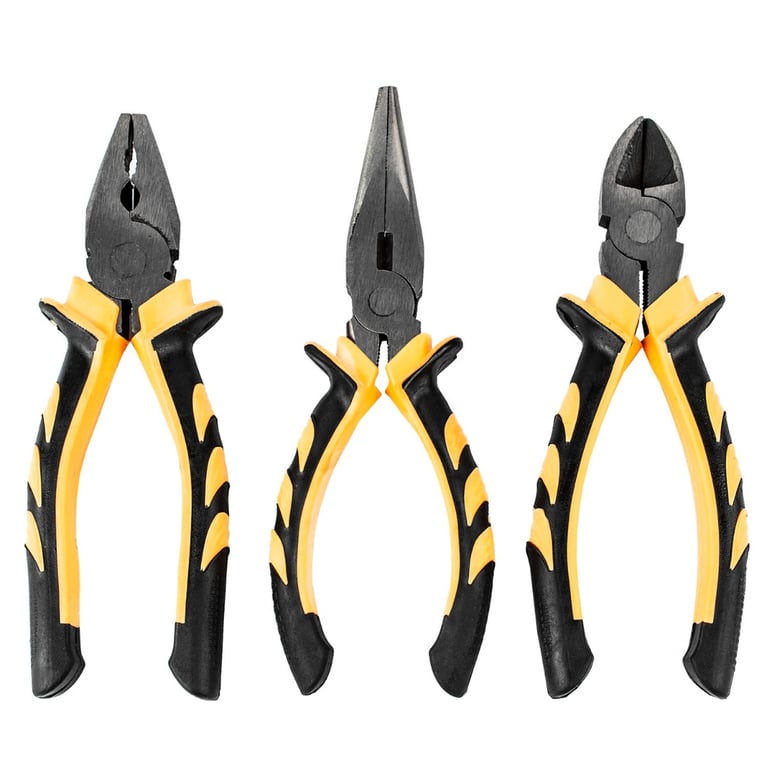 3 Piece Soft Grip Pliers Set - Hardened Steel with Rubber Slip Grips for Long Nose, Side Cutter & Combination Pliers