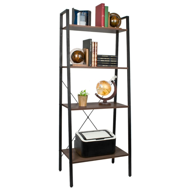 4 Tier Ladder Shelving Unit - Minimalist Walnut Finish Bookshelves for Home Storage and Display