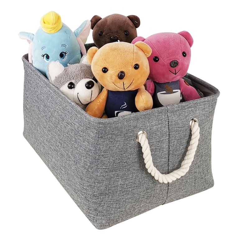 Grey Linen Fabric Storage Boxes - 3 Pack with Strong Rope Handles and Portable Design