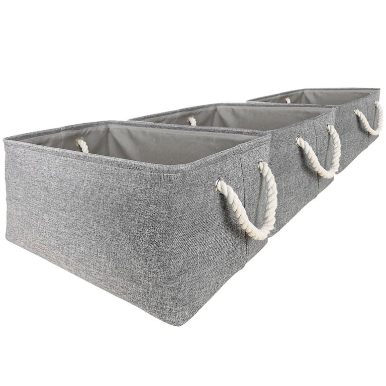 Grey Linen Fabric Storage Boxes - 3 Pack with Strong Rope Handles and Portable Design