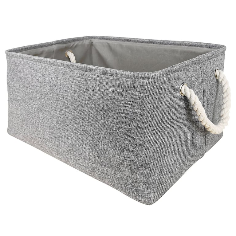 Grey Linen Fabric Storage Boxes - 3 Pack with Strong Rope Handles and Portable Design