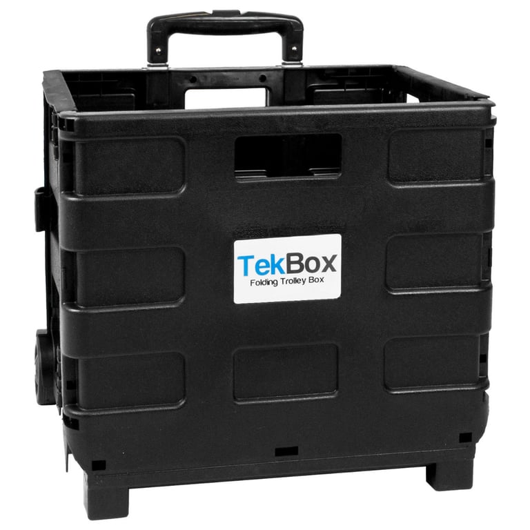 Tekbox Folding Shopping Cart Trolley Storage Box Crate with Wheels - Portable Rustproof Plastic Folding Cart for Travel and Boot Storage