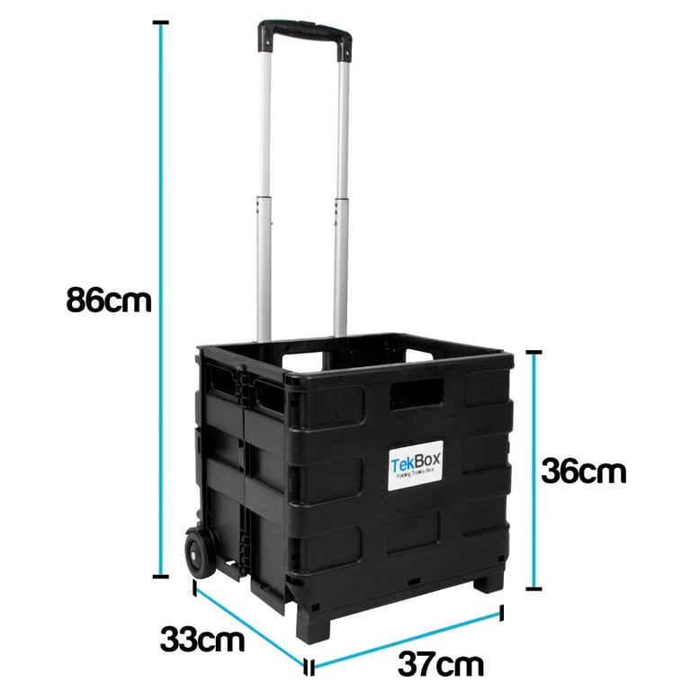 Tekbox Folding Shopping Cart Trolley Storage Box Crate with Wheels - Portable Rustproof Plastic Folding Cart for Travel and Boot Storage