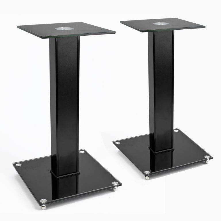 Black Glass Speaker Stands for Surround Sound Systems - Tempered Glass and Aluminium Construction