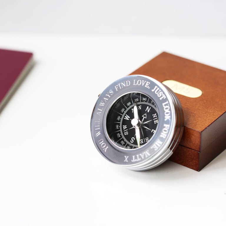 Personalised Brass Compass with Mahogany Timber Box Engraved in Modern Font