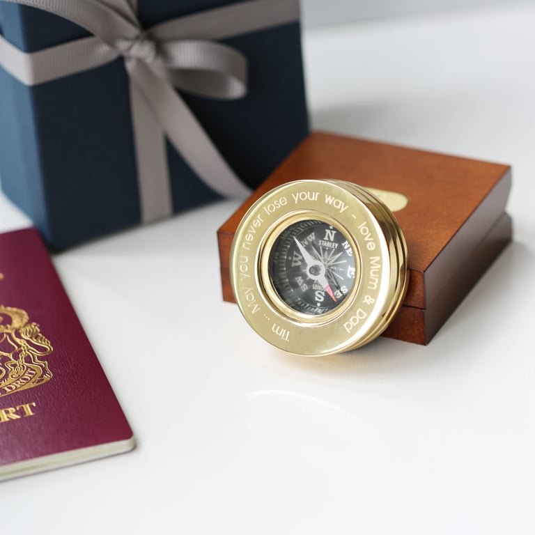Personalised Brass Compass with Mahogany Timber Box Engraved in Modern Font