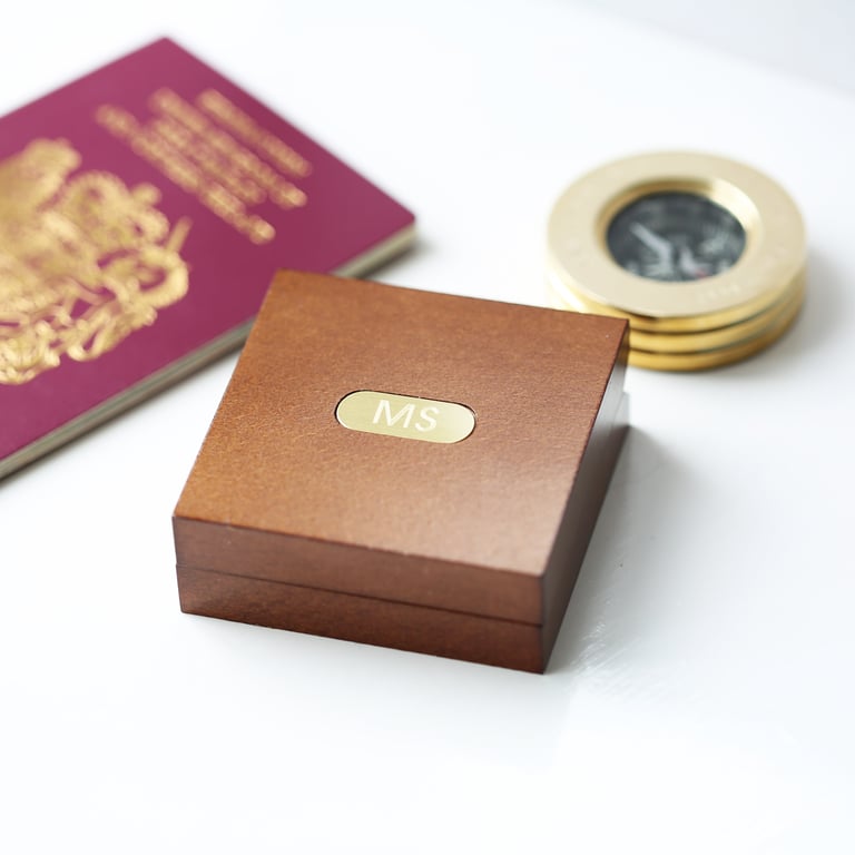 Personalised Brass Compass with Mahogany Timber Box Engraved in Modern Font