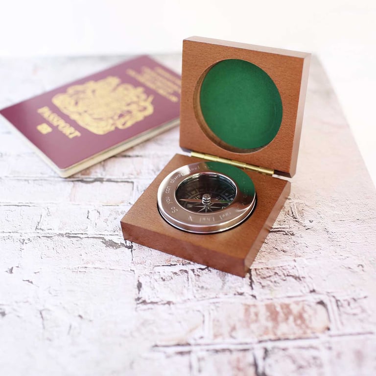 Personalised Brass Compass with Mahogany Timber Box Engraved in Modern Font