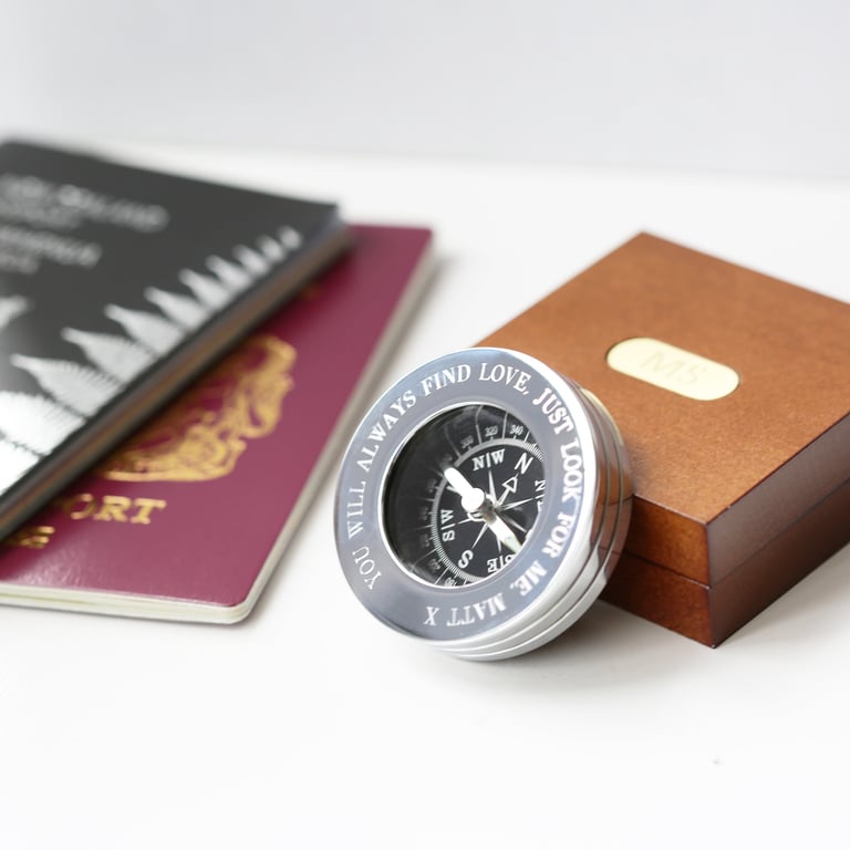 Personalised Brass Compass with Mahogany Timber Box Engraved in Modern Font