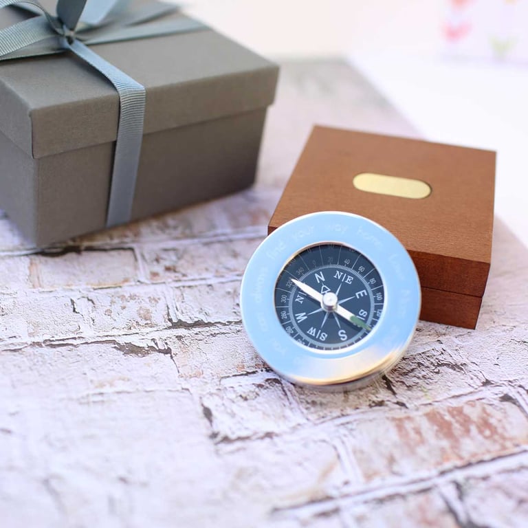 Personalised Brass Compass with Mahogany Timber Box Engraved in Modern Font