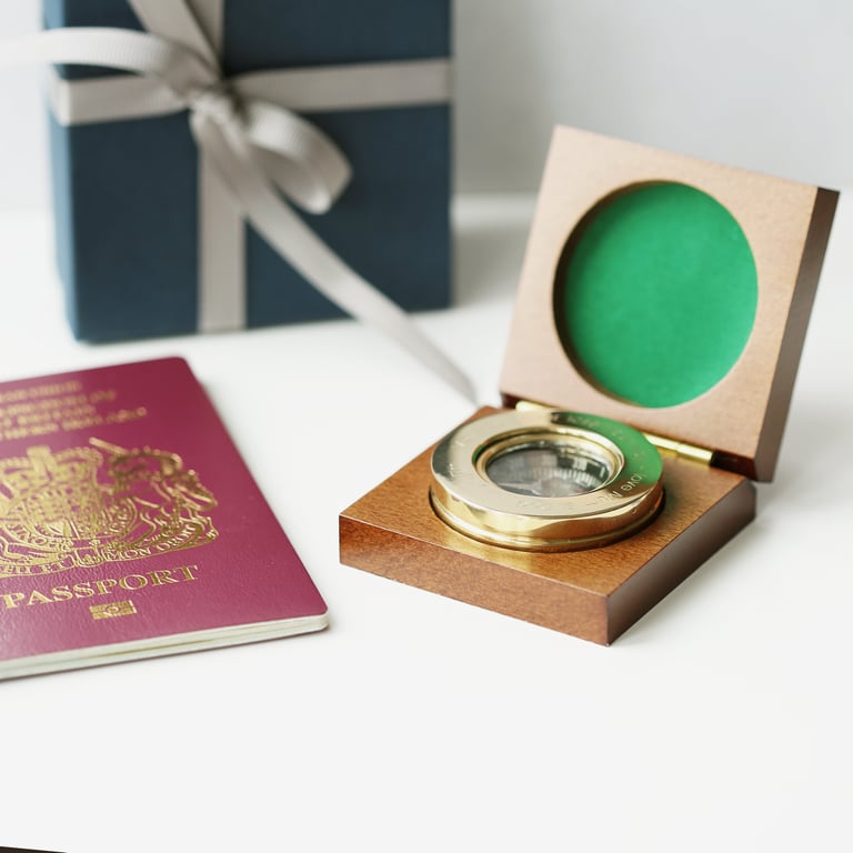 Personalised Brass Compass with Mahogany Timber Box Engraved in Modern Font