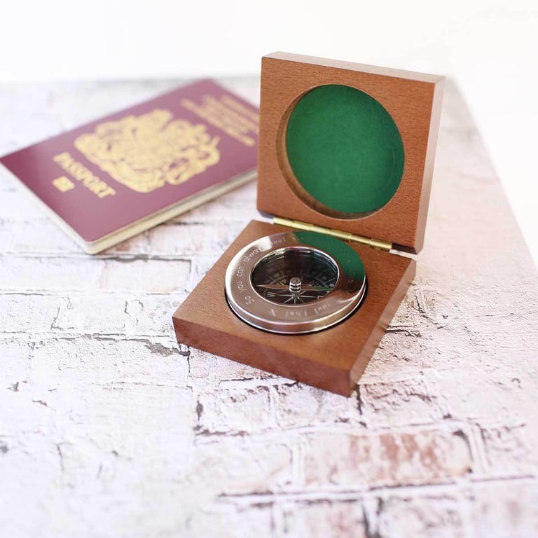 Personalised Handwriting Compass in Mahogany Timber Box - Unique Travel Gift