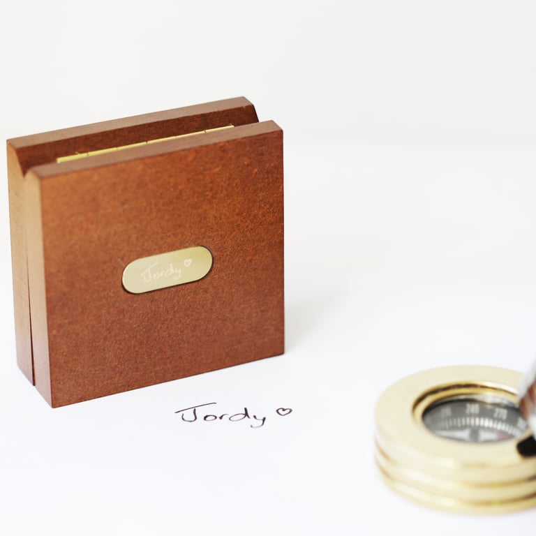 Personalised Handwriting Compass in Mahogany Timber Box - Unique Travel Gift