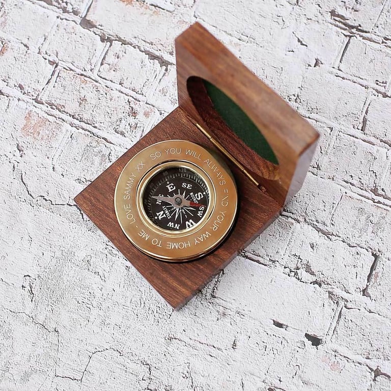 Personalised Handwriting Compass in Mahogany Timber Box - Unique Travel Gift