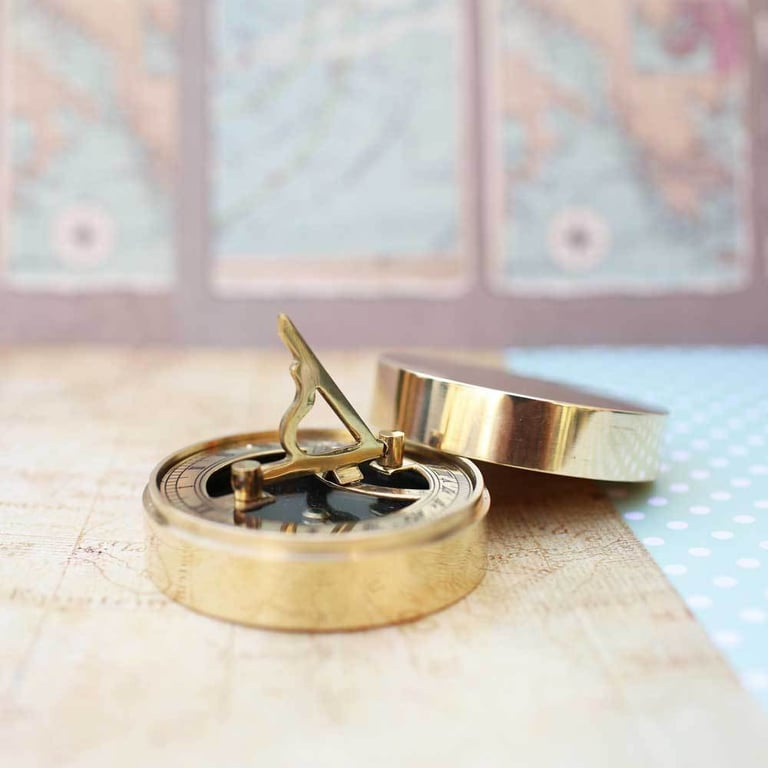 Personalised Nautical Sundial Compass - Engraved Brass with Protective Pouch and Gift Box