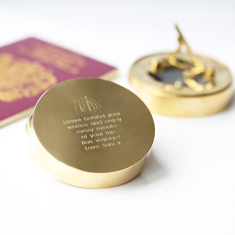 Personalised Nautical Sundial Compass - Engraved Brass with Protective Pouch and Gift Box