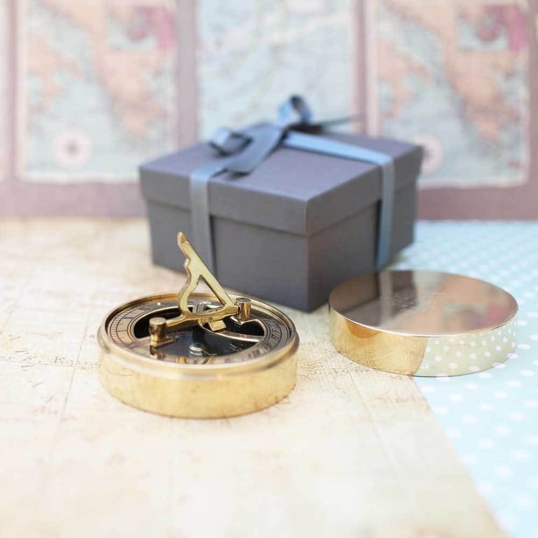 Personalised Nautical Sundial Compass - Engraved Brass with Protective Pouch and Gift Box