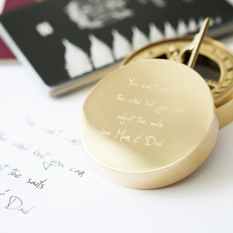 Personalized Brass Nautical Sundial Compass with Own Handwriting Engraving and Protective Pouch