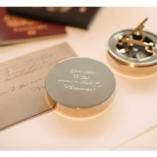 Personalized Brass Nautical Sundial Compass with Own Handwriting Engraving and Protective Pouch