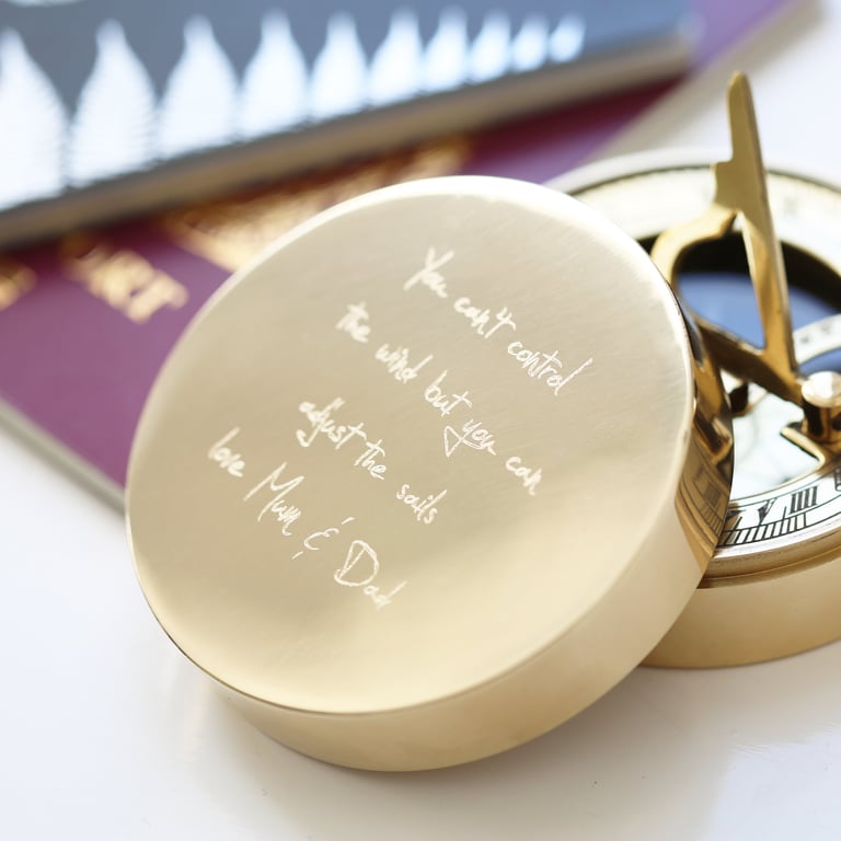 Personalized Brass Nautical Sundial Compass with Own Handwriting Engraving and Protective Pouch