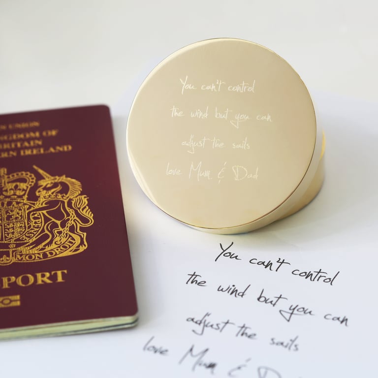 Personalized Brass Nautical Sundial Compass with Own Handwriting Engraving and Protective Pouch