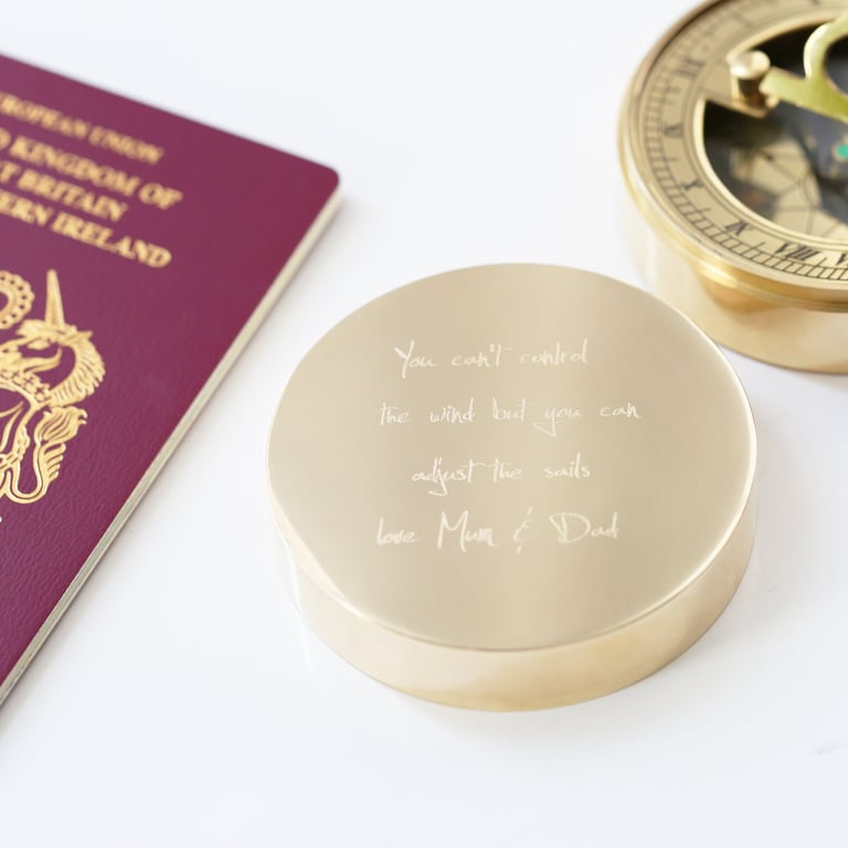 Personalized Brass Nautical Sundial Compass with Own Handwriting Engraving and Protective Pouch